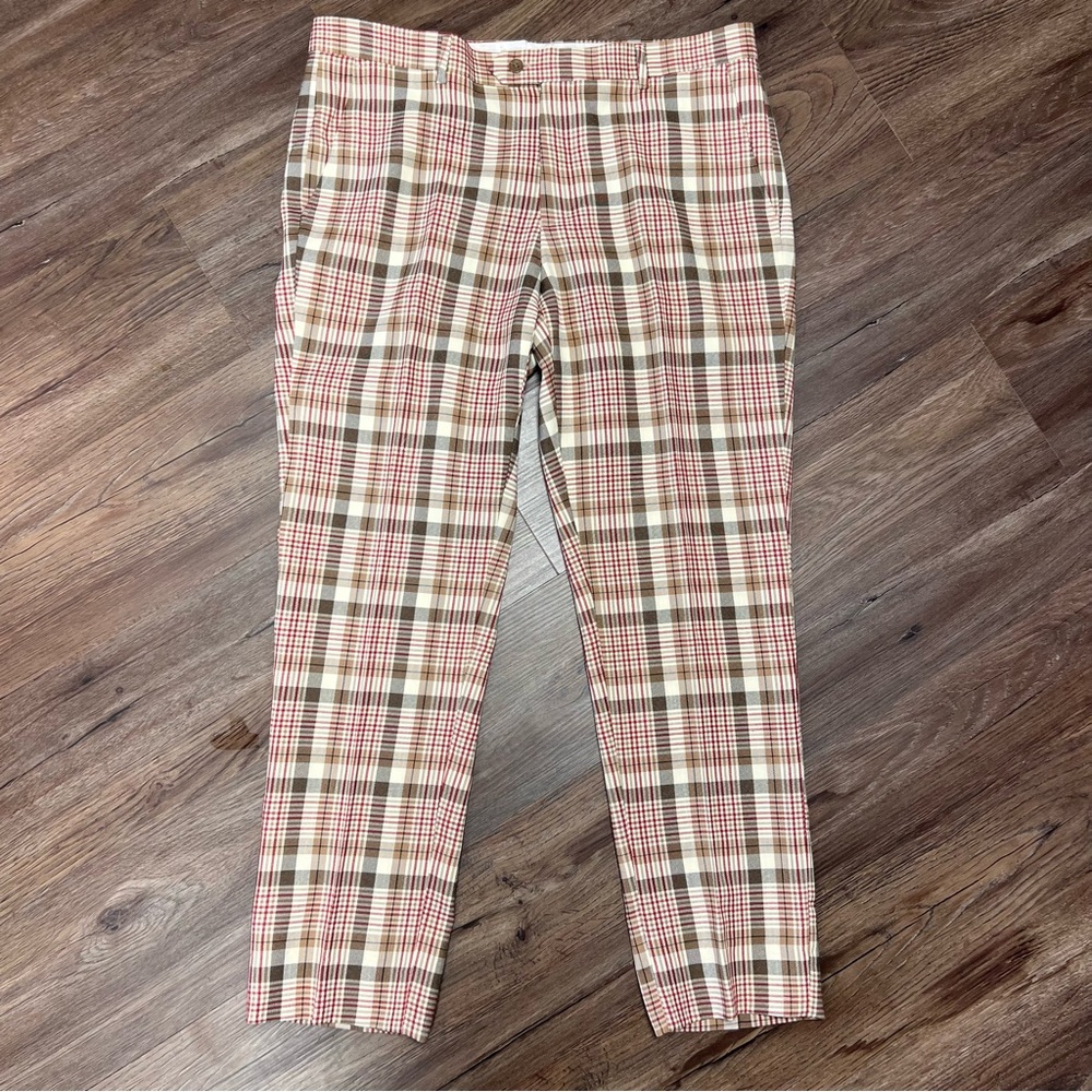 Kent & Park Burgundy Brown Plaid Preppy Checkered Mens Pant 34X30